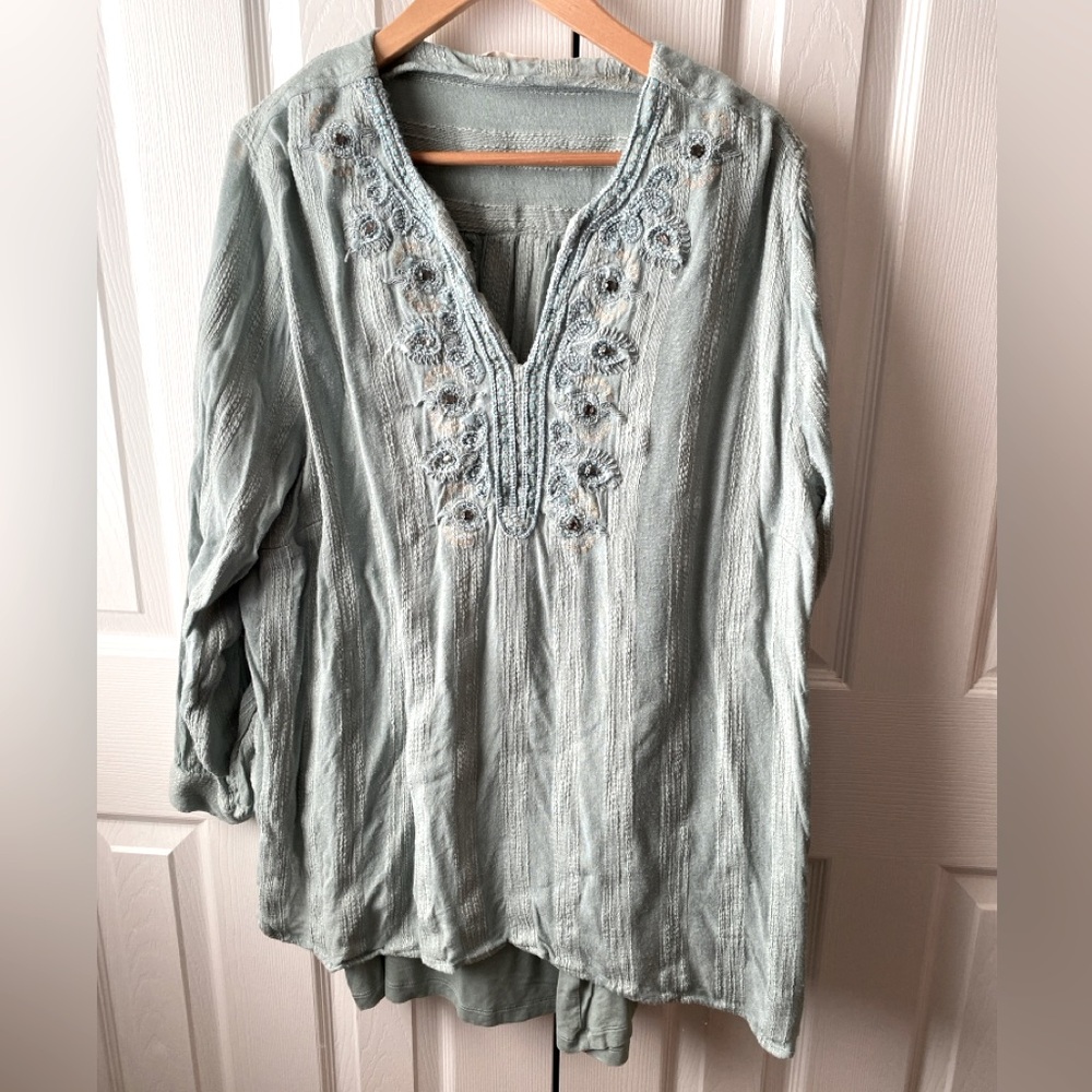 Soft Surroundings Nimi Green Embroidered Beaded Soutache Tunic Top SZ 3X - Picture 2 of 12